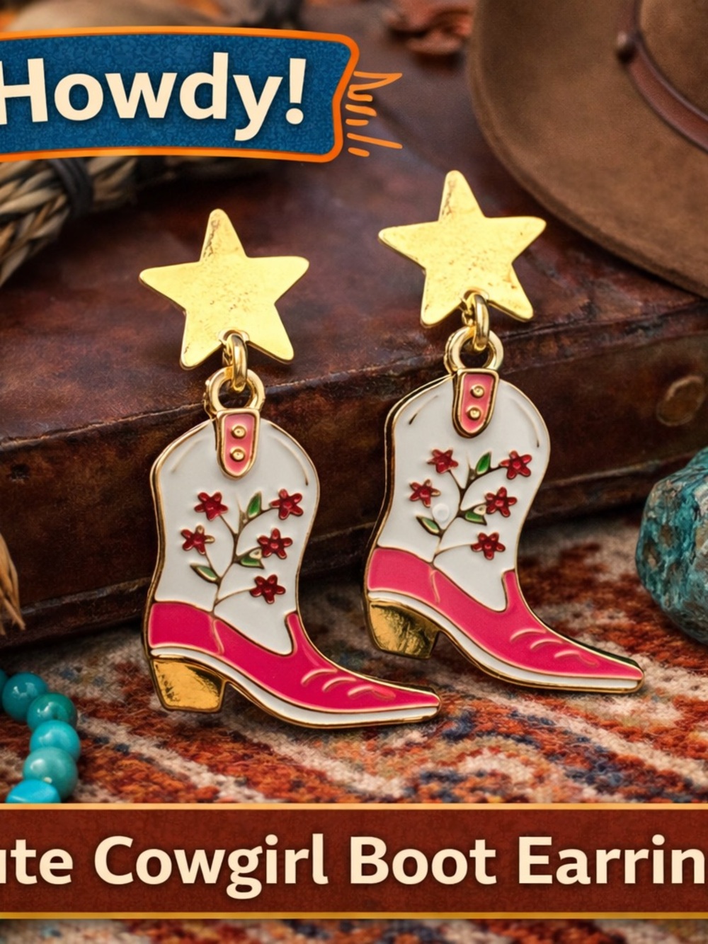 Superstar Cowgirl Boot Earrings Gold Star Post Floral Pink White